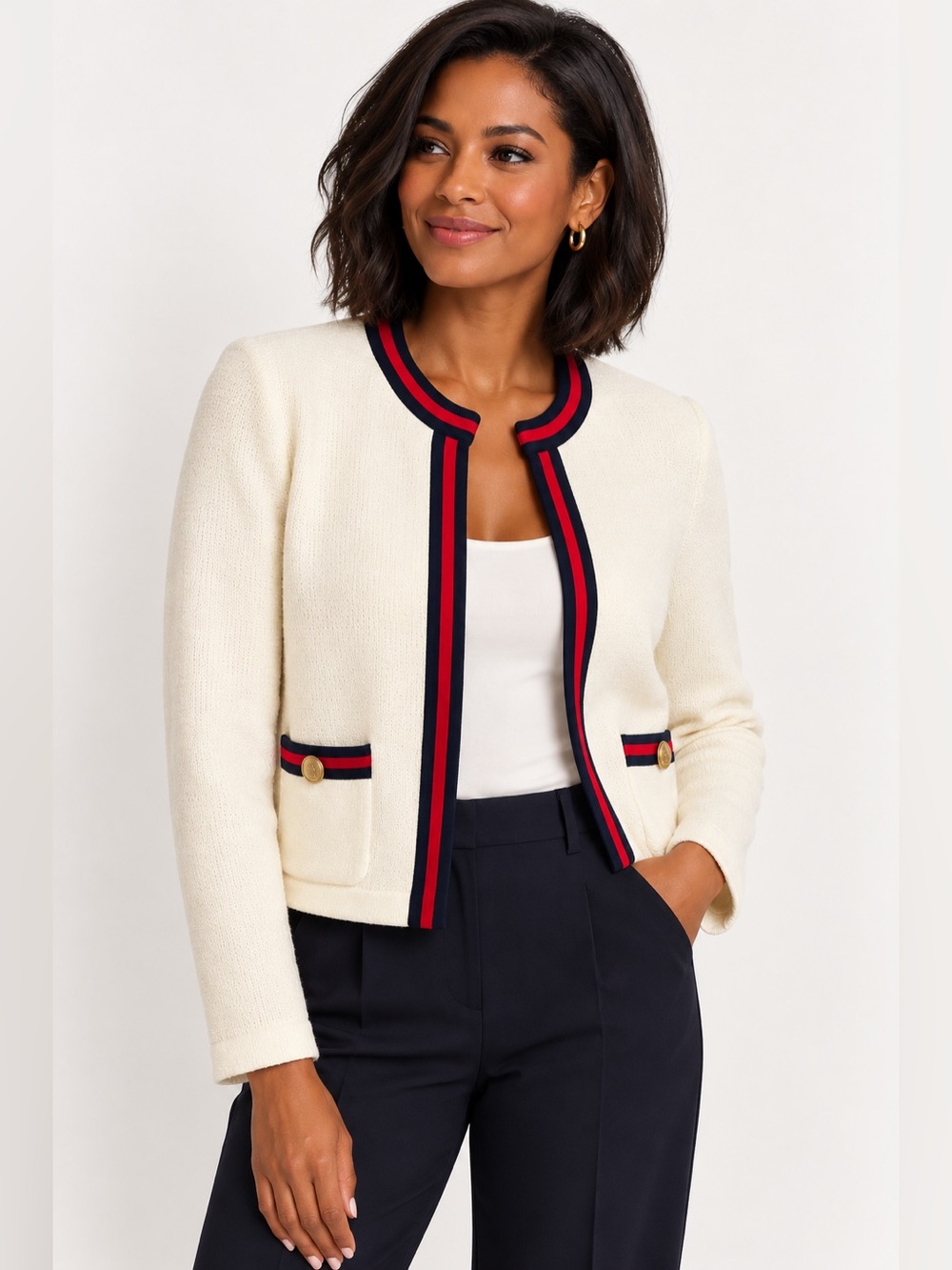 J. Crew Emile Cream Sweater Jacket with Red & Navy Trim, size Medium
